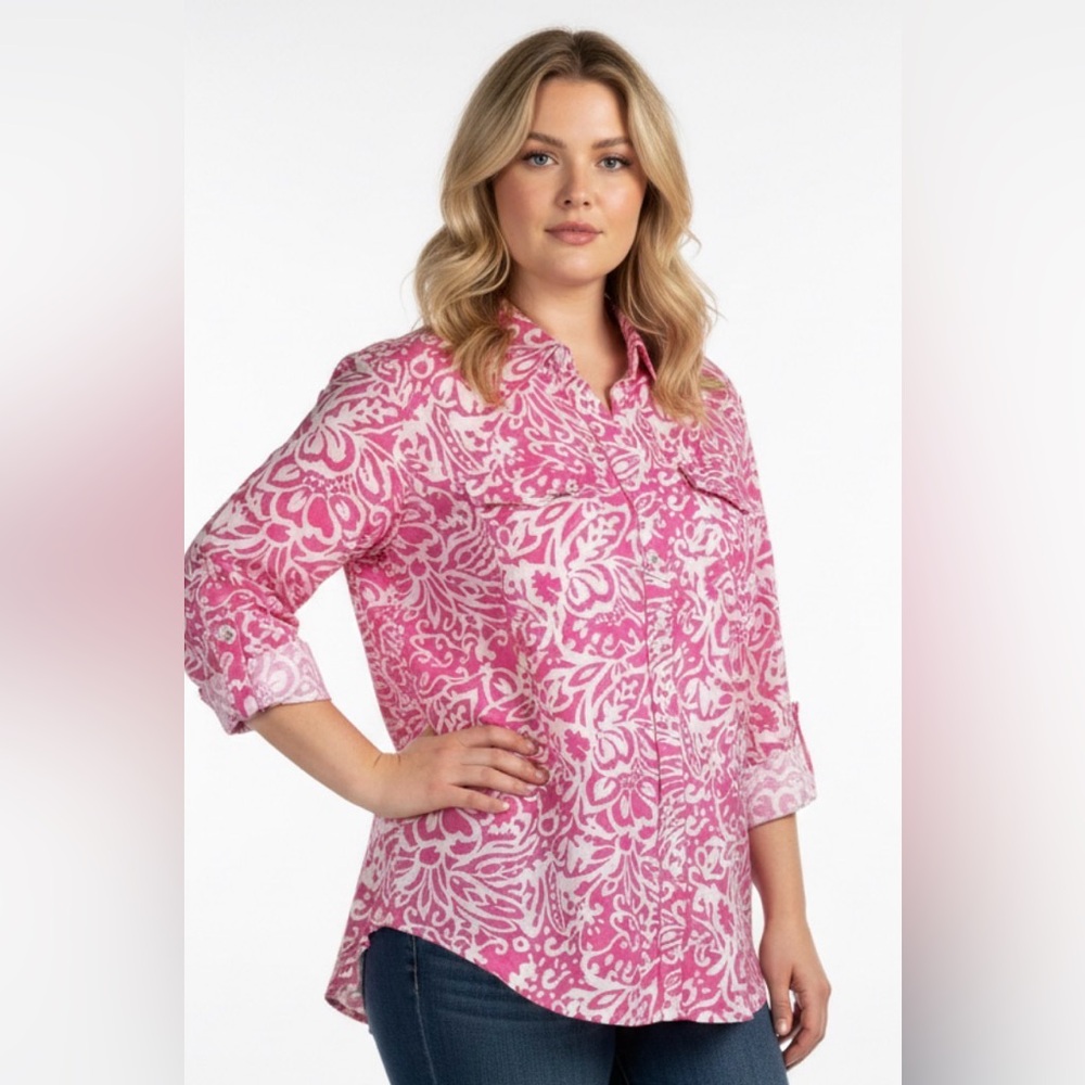 Charter Club 100% Linen Top Pink Floral Roll Up Sleeve Womens 18W‎ Relaxed Plus